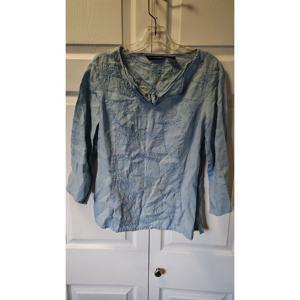 Saint Tropez West 100% Linen Light Blue Embroidered Blouse Floral Peasant M